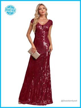 Womens Sequined Short Sleeve V-Neck Long Formal Evening Dress Gown
